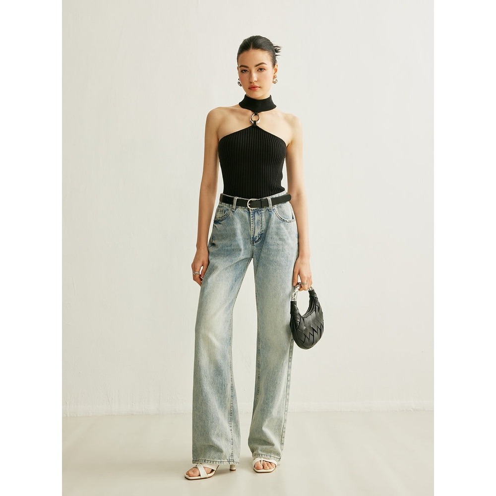 Commense Sleeveless Halter Top Ring Detail Ribbed‎ Knit Sexy Party Clubwear  XS